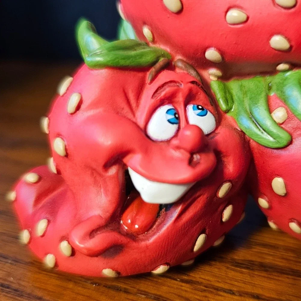 Vintage Anthropomorphic Strawberry Trio Figurine Funny Face Fruit Decor Red